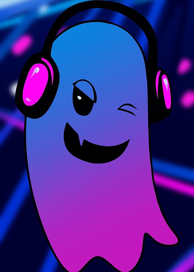 Winking Ghost Wearing Neon Headphones