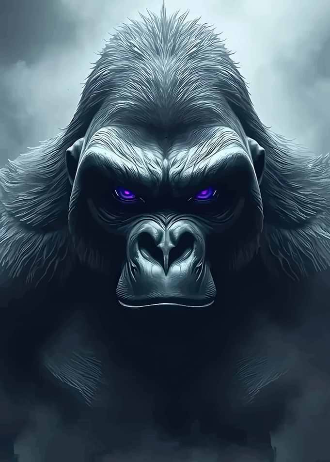 Fierce Gorilla with Glowing Purple Eyes