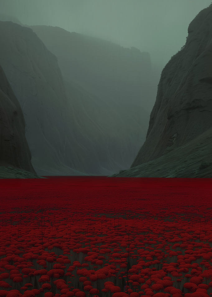 Surreal Red Flower Field in Canyon
