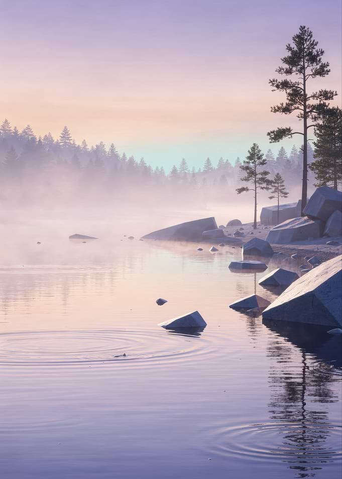 Misty Morning Lake Landscape
