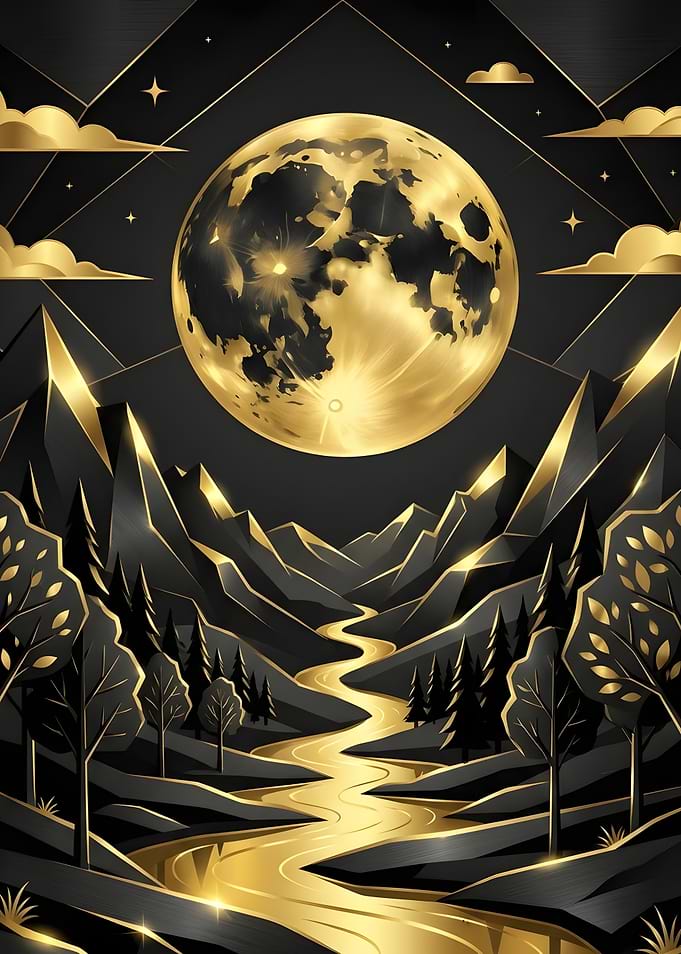 Golden Moon Over Black Mountain Landscape