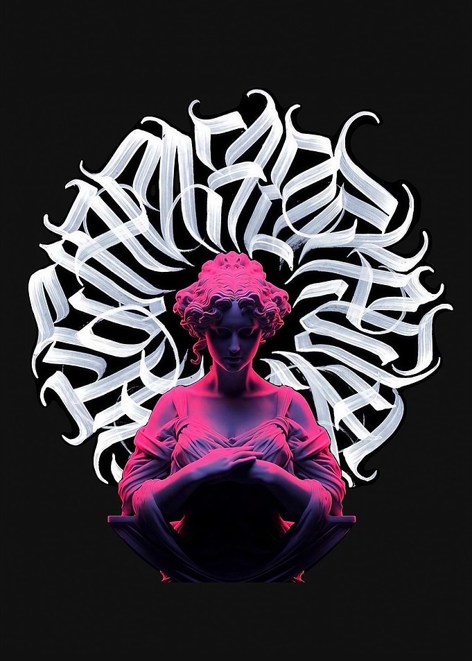 Classical Statue with Gothic Calligraphy