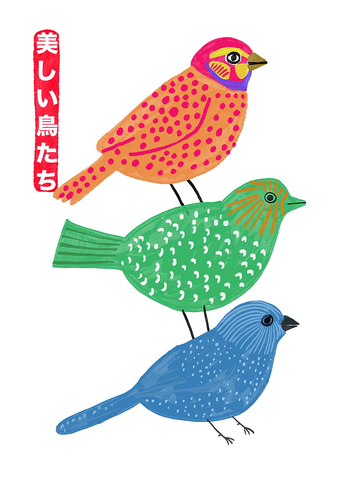 Three Colorful Stacked Birds Illustration