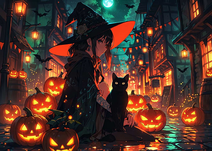 Anime Witch with Black Cat Halloween