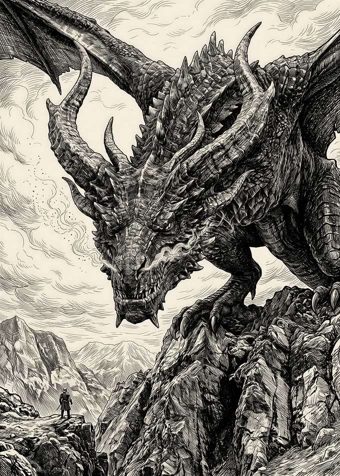 Dragon Confronting Warrior on Mountain
