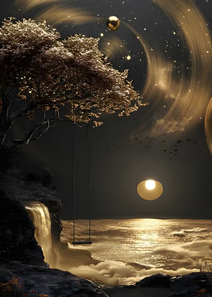 Golden Celestial Swing Over Clouds