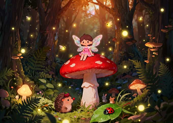 Cute Fairy Sitting on Mushroom