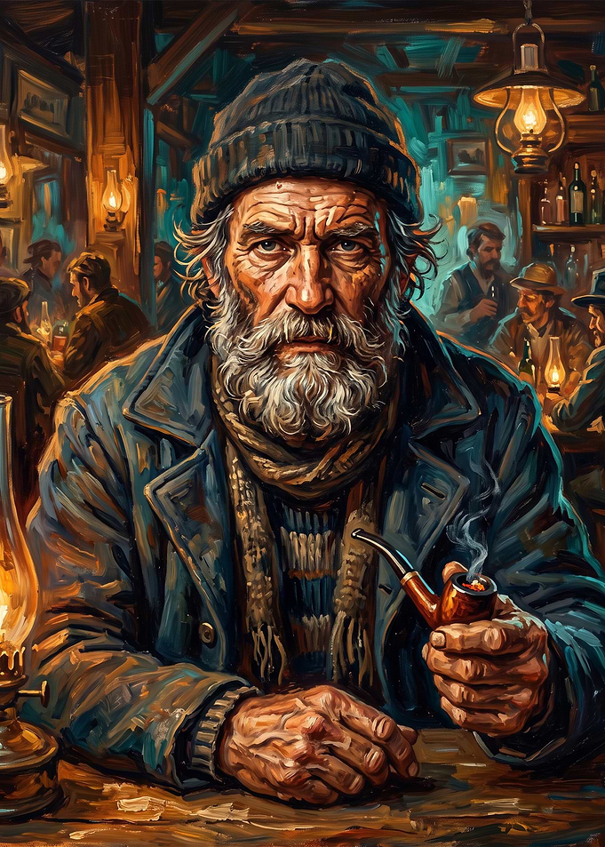 Old Sailor Smoking Pipe in Tavern