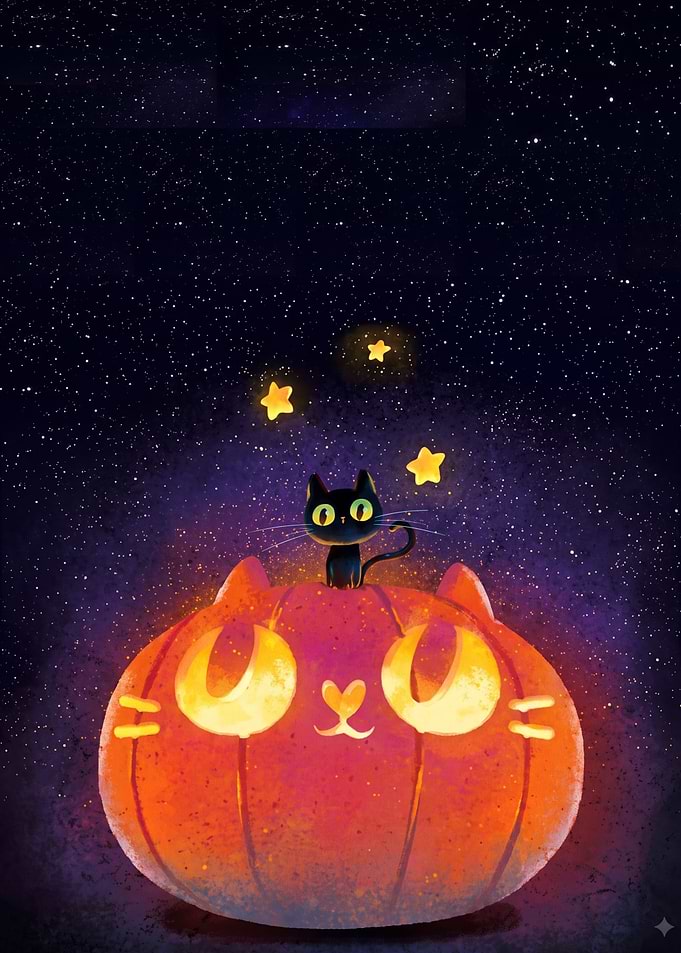 Cute Black Cat on Pumpkin