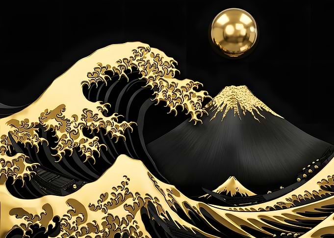 Gold and Black Great Wave Art