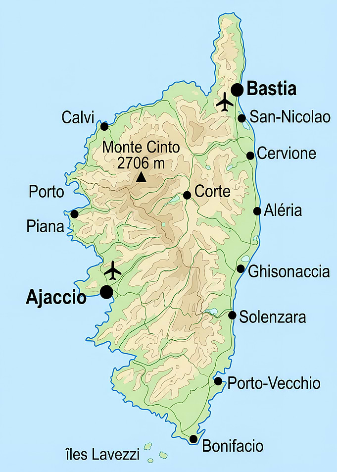 Topographic Map of Corsica Island France