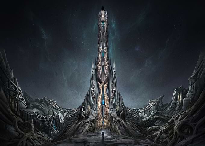 Dark Fantasy Spire in Alien Landscape