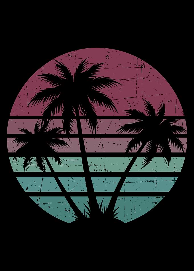 vintage Retro Sunset distressed Palm Trees silhouette Graphic