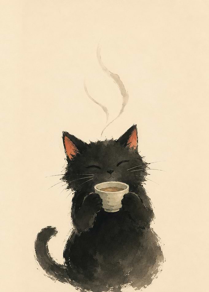 Cute Black Cat Drinking Tea