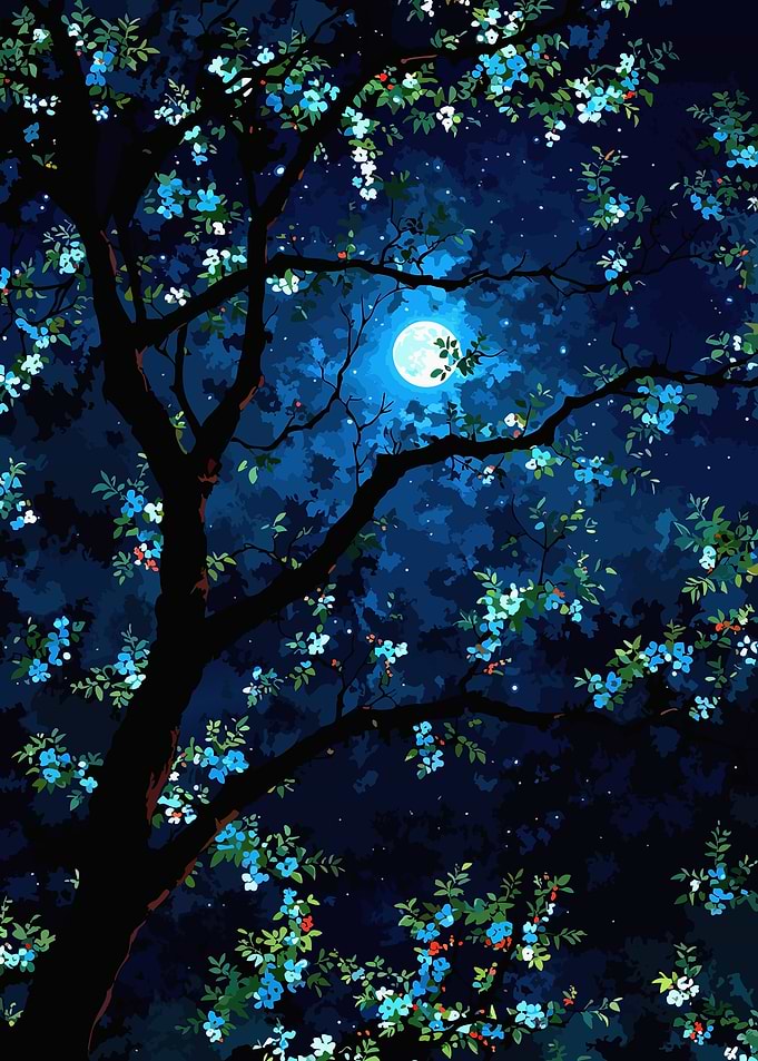 Blue Moonlit Flowering Tree
