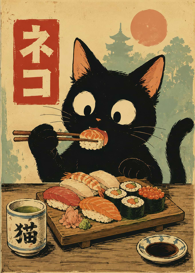 Black Cat Eating Sushi Poster