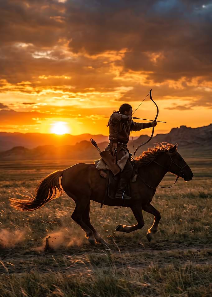 Mongolian Horse Archer at Sunset