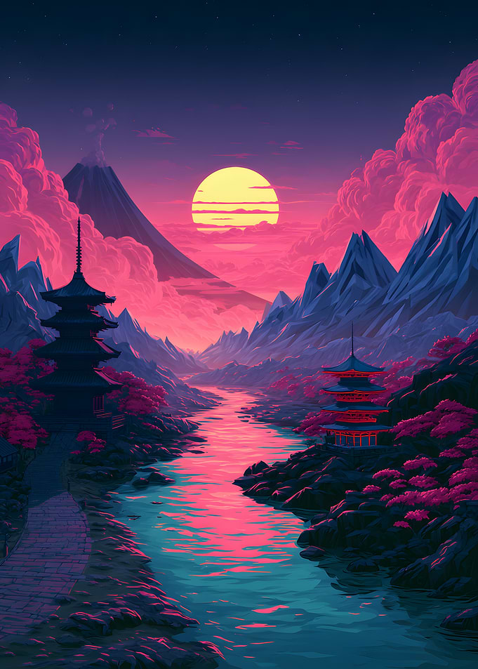 Vibrant Japanese Mountain Landscape at Sunset
