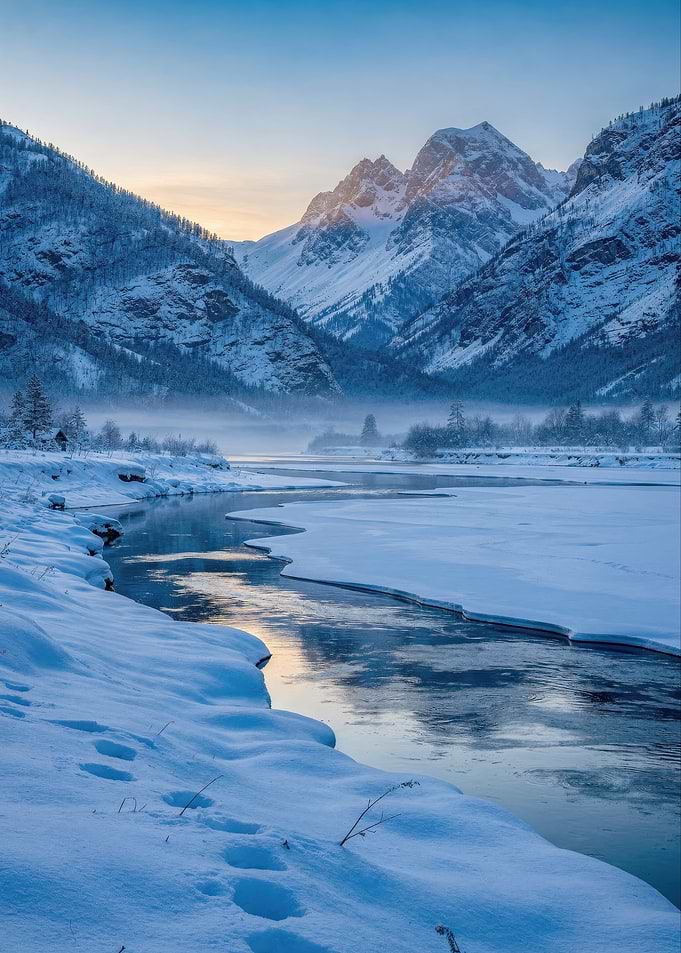 Snowy Mountain River at Sunrise