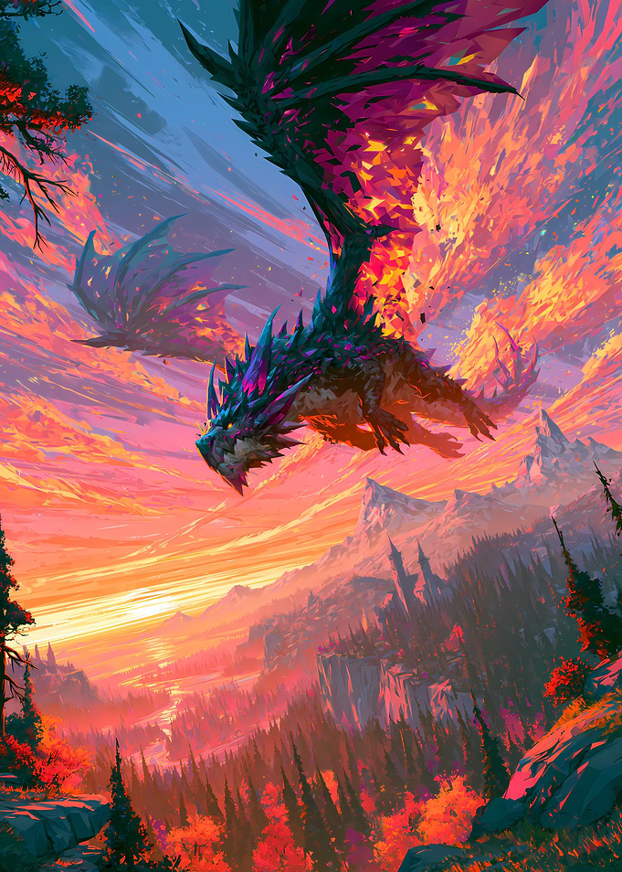 Crystalline Dragon Over Sunset Landscape