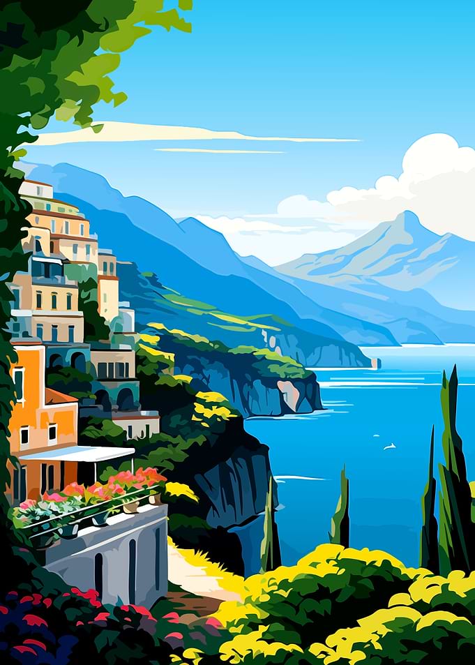 Amalfi Coast Mediterranean Landscape Illustration