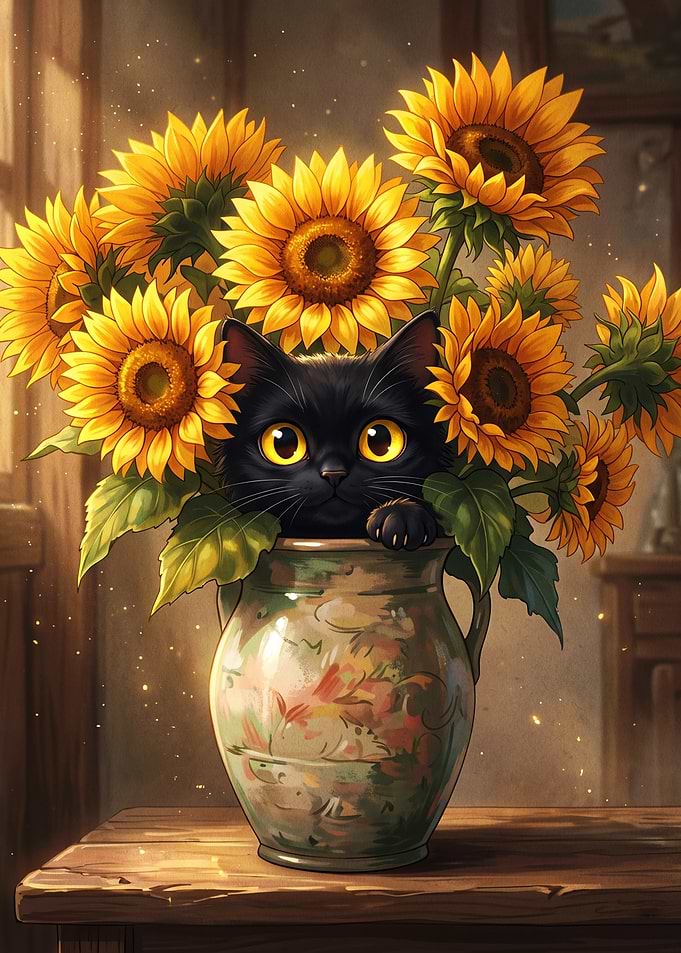 Black Cat in Sunflower Vase