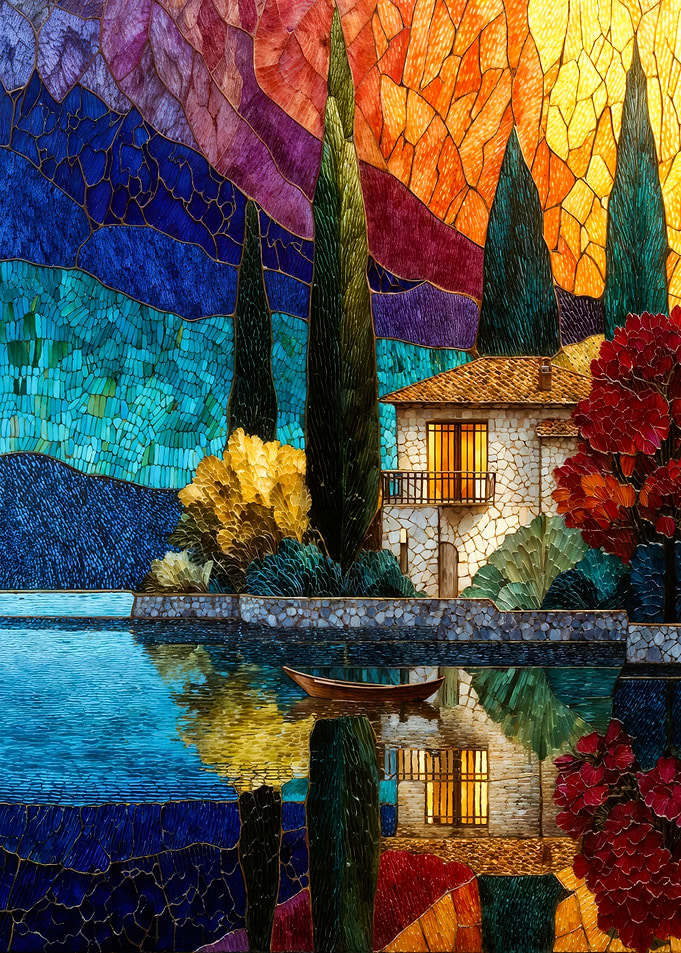 Stained glass lake house landscape mosaic art