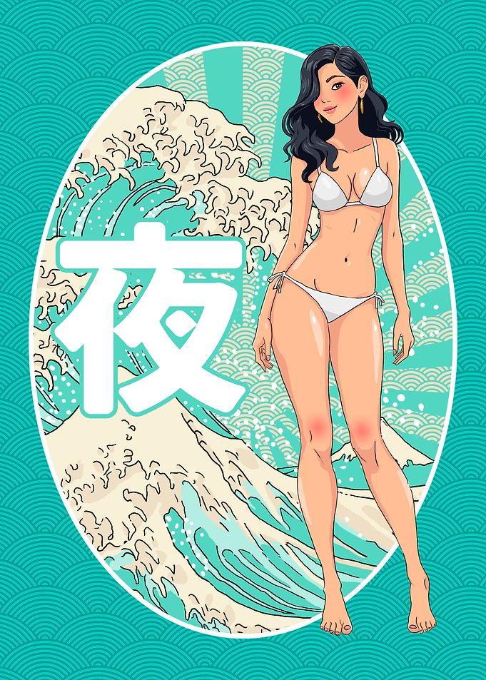 Anime Girl Waifu with Great Wave Art
