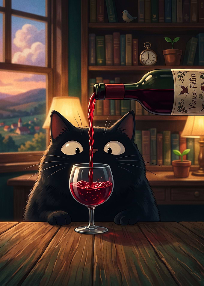 Black Cat Pouring Red Wine