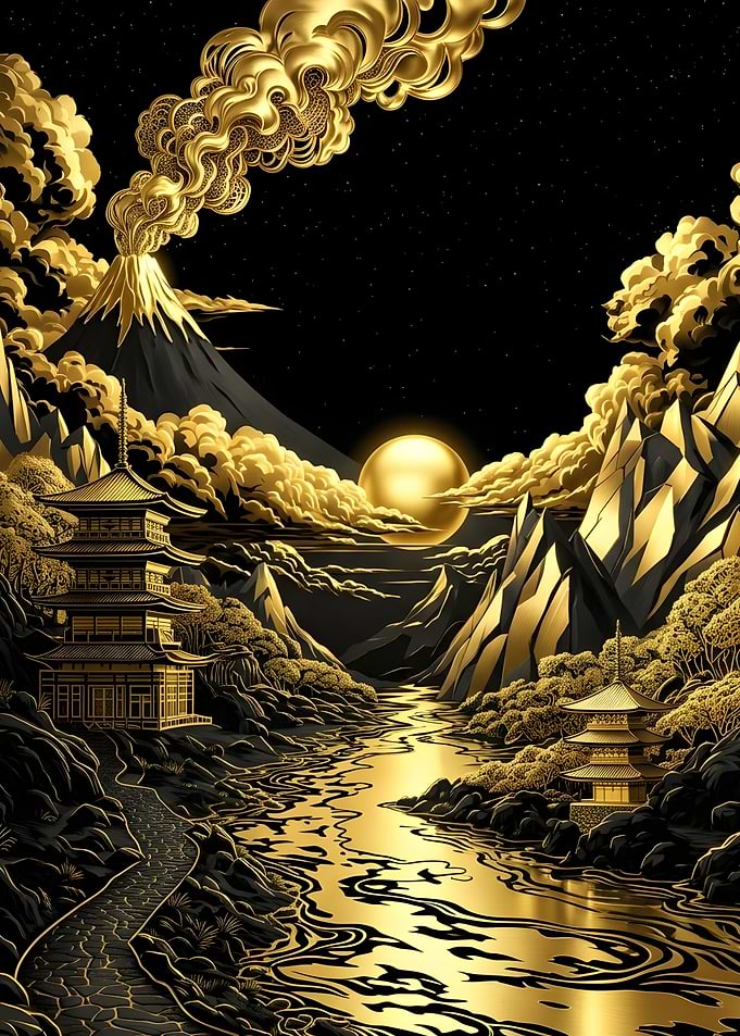 Golden Japanese Landscape with Pagodas