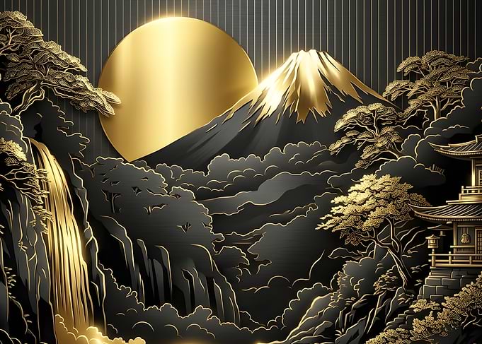 Golden Mount Fuji Japanese Landscape Art
