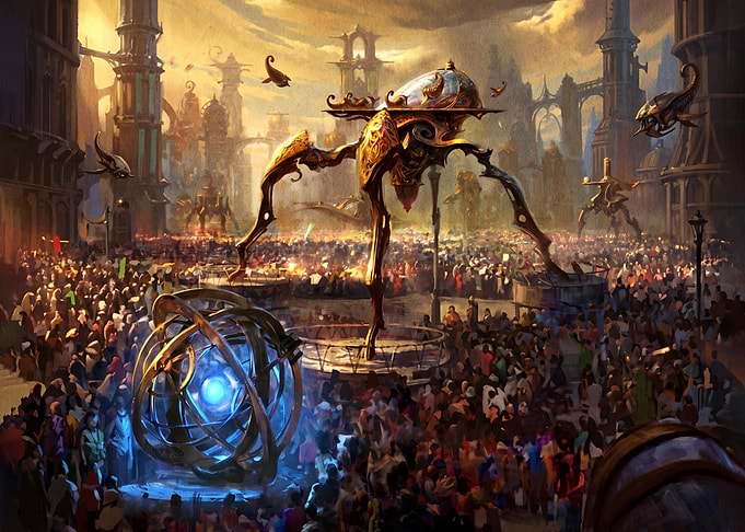 Steampunk City Gathering with Glowing Artifact