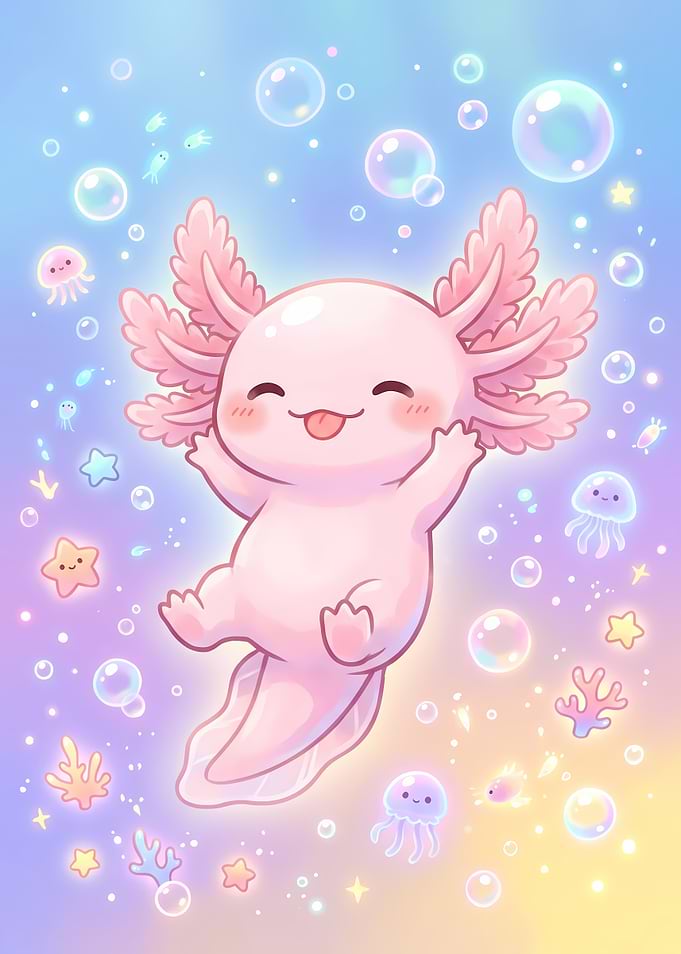 Cute Kawaii Axolotl Underwater Illustration
