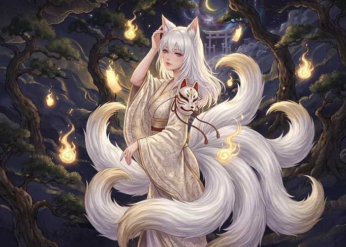 Nine-Tailed Kitsune Spirit in Forest