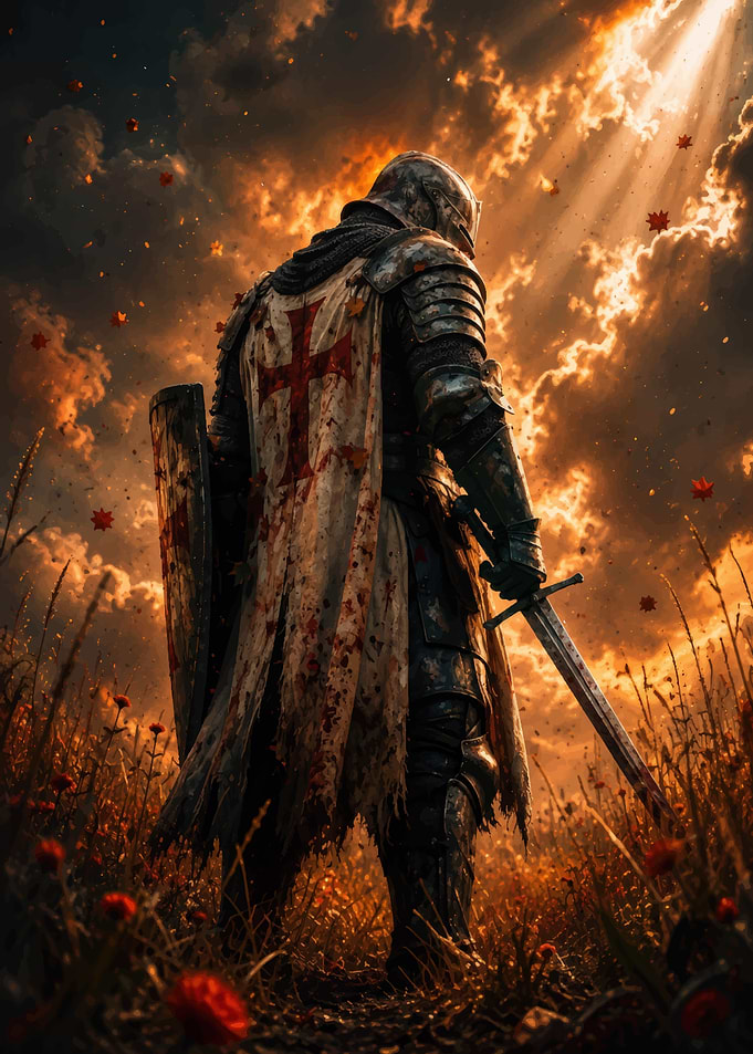Crusader Knight in Golden Sunset Field