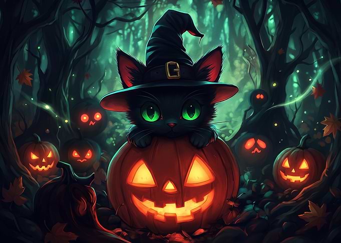 Cute Black Cat Witch Halloween Pumpkin