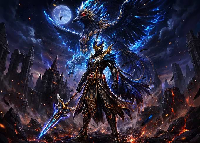 Warrior with Blue Phoenix Spirit