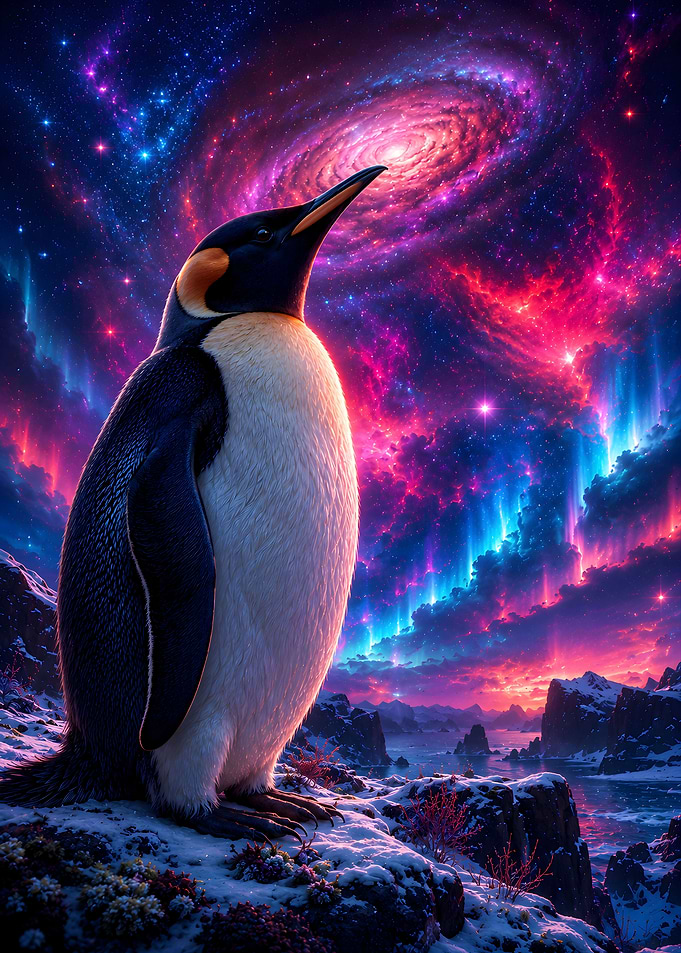 Penguin Under a Cosmic Galaxy Sky