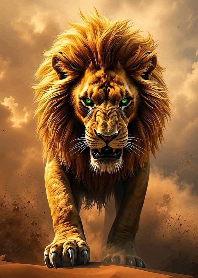 Fierce Lion with Glowing Green Eyes