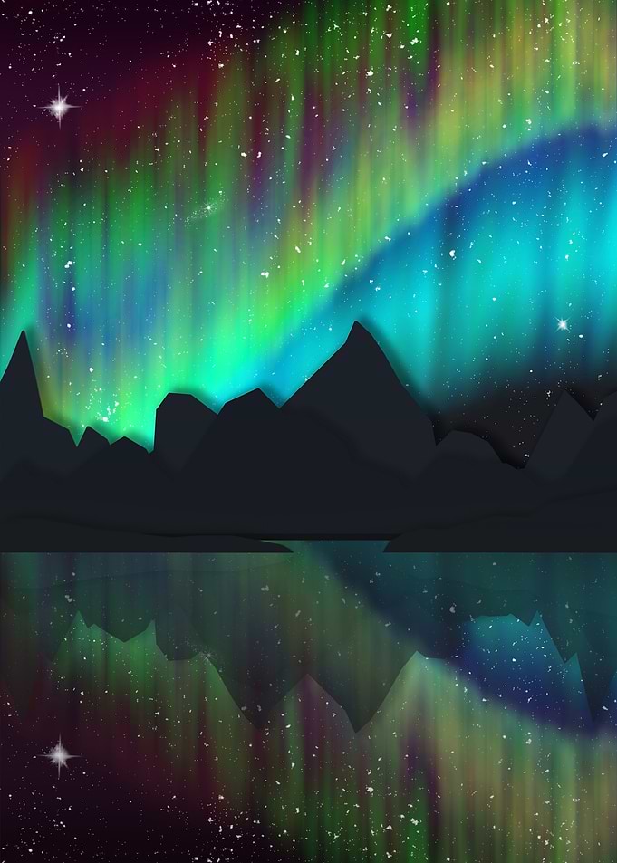 Aurora Borealis Over Mountain Lake