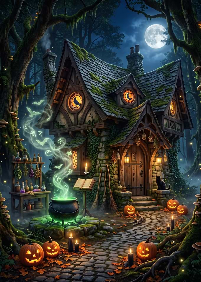 Enchanted Witch Cottage at Night