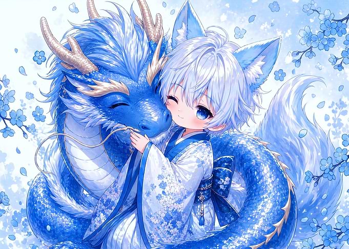Cute Anime Boy Hugging Blue Dragon