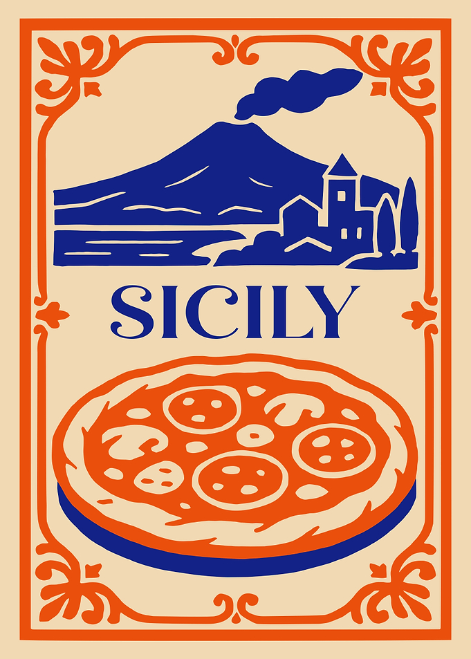 Vintage Sicily Travel Poster with Pizza