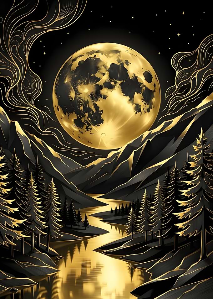 Golden Moon Over Mountain Landscape