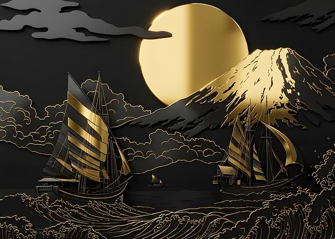 Gold and Black Japanese Nautical Art