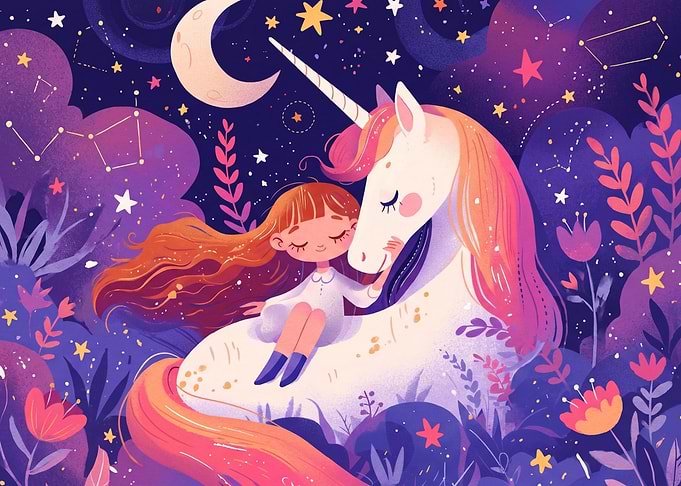 Girl and Unicorn in Magical Night