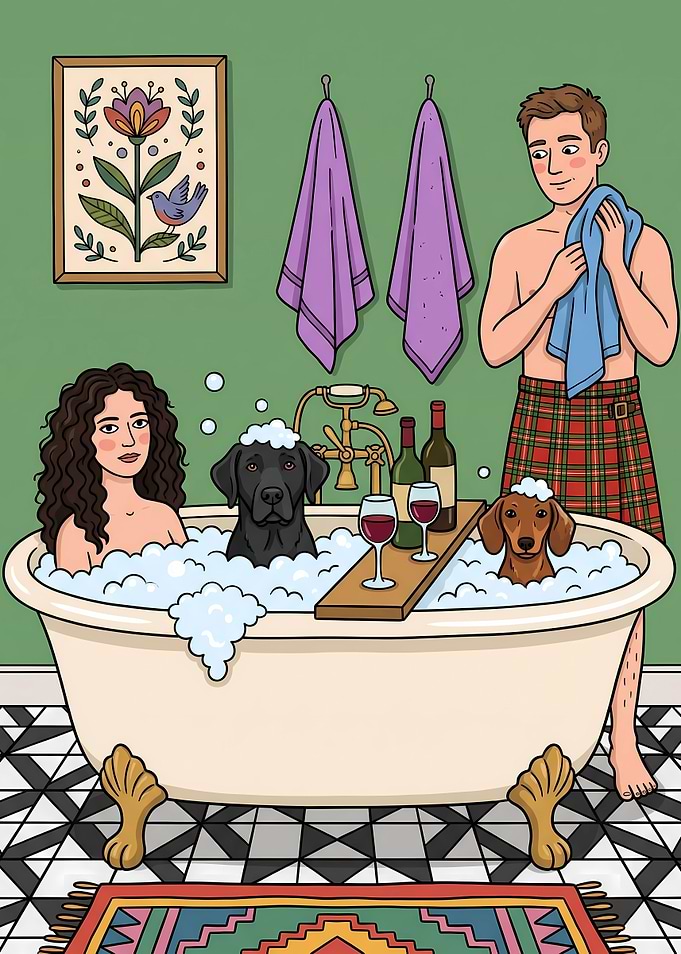 Woman and Dogs in Bubble Bath funny bathroom animals shower