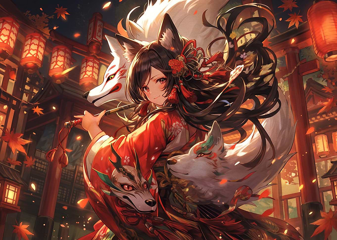 Anime Fox Girl with Kitsune Spirits
