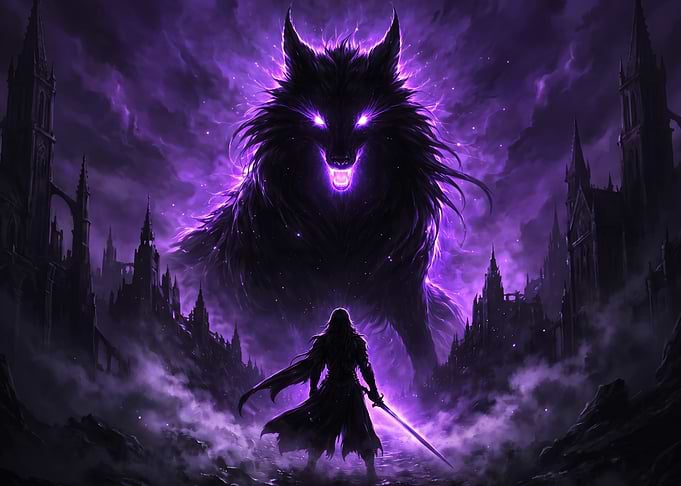 Warrior Facing a Giant Purple Wolf
