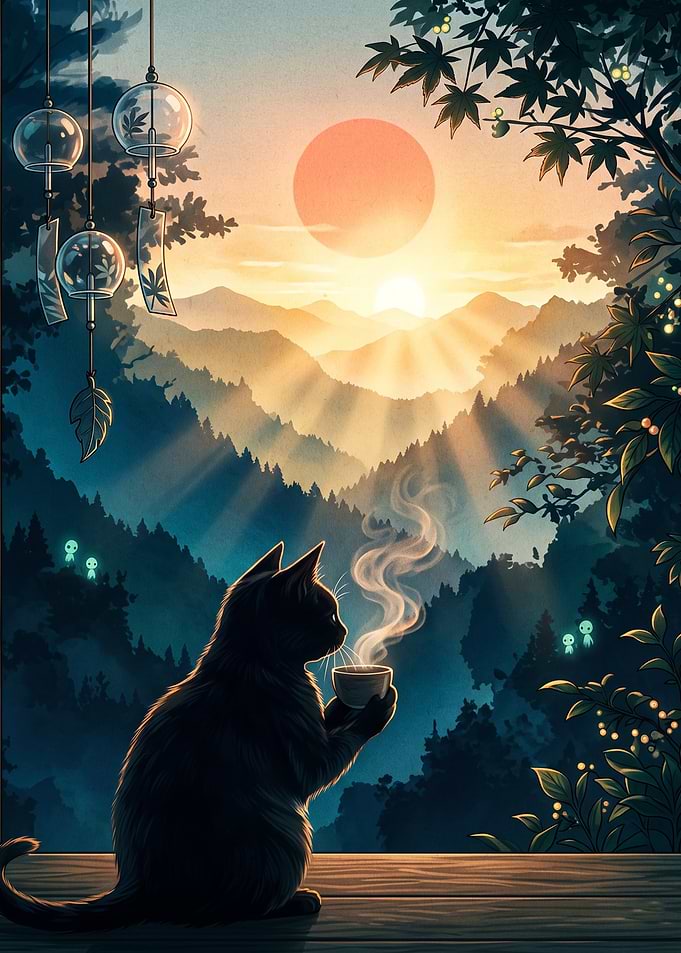 Black Cat Drinking Tea at Sunset